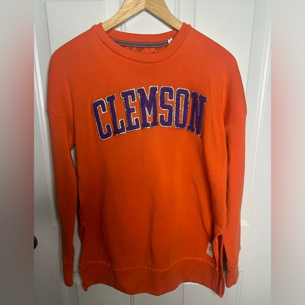 Pressbox Orange Clemson Crewneck Sweatshirt with Purple Appliqué